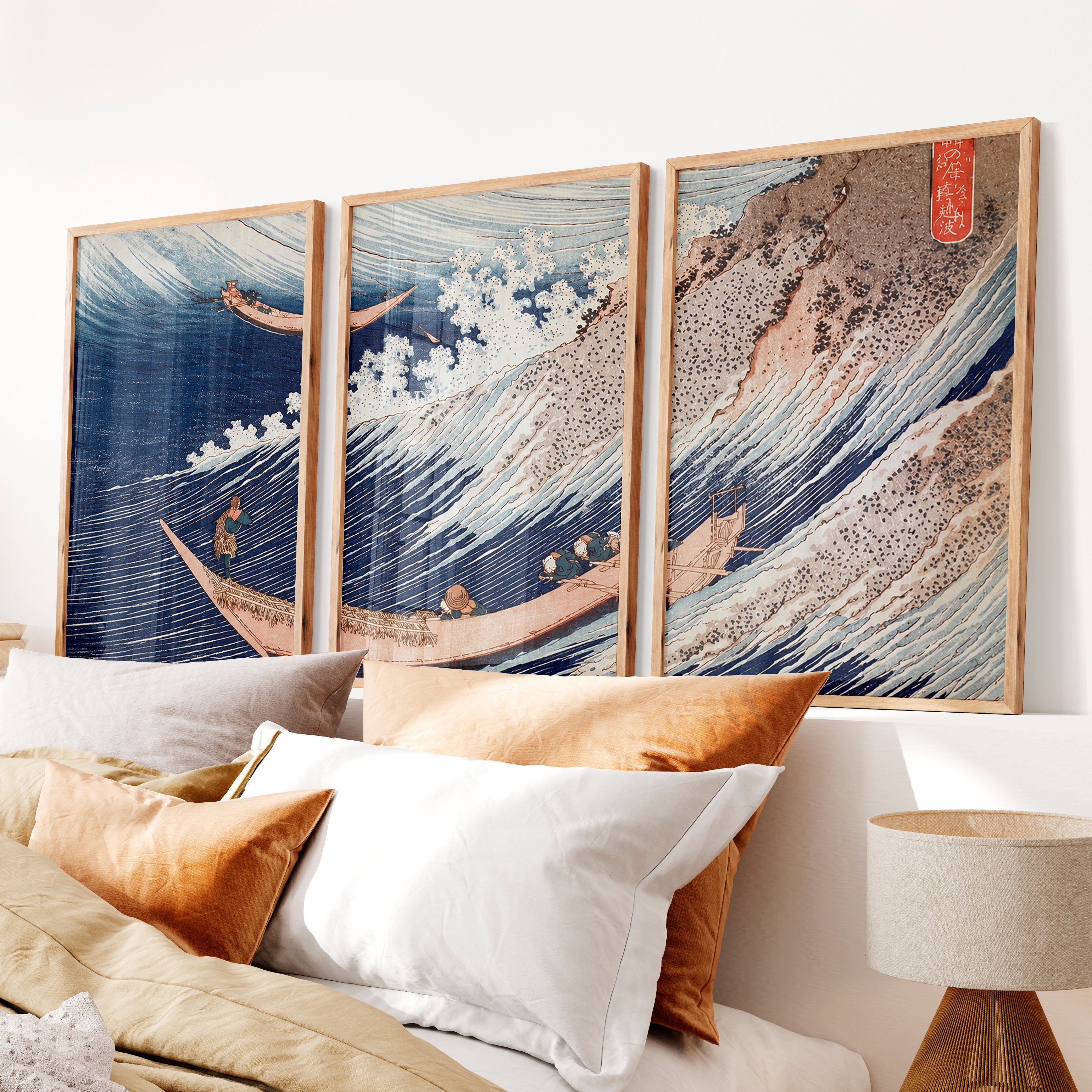 Japanese Wall Art Featuring Stylized Clouds on Deep Blue Triptych - Natural Wood Framed Poster No Border - Artworksets
