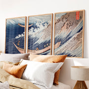 Japanese Wall Art Featuring Stylized Clouds on Deep Blue Triptych - Natural Wood Framed Poster No Border - Artworksets