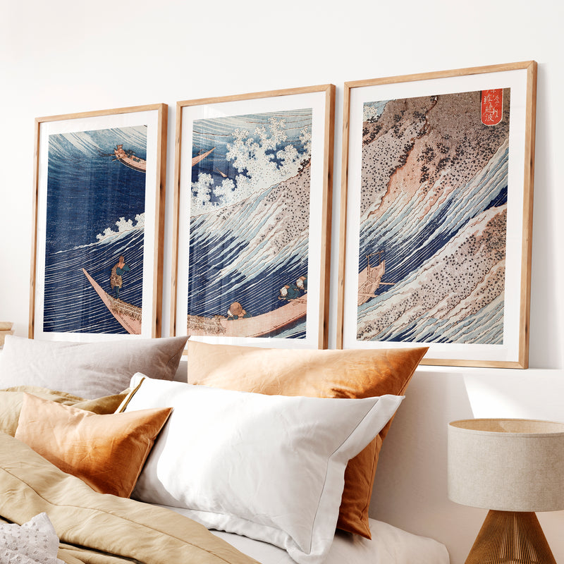 Japanese Wall Art Featuring Stylized Clouds on Deep Blue Triptych- Natural Wood Framed Poster with White Border - Artworksets
