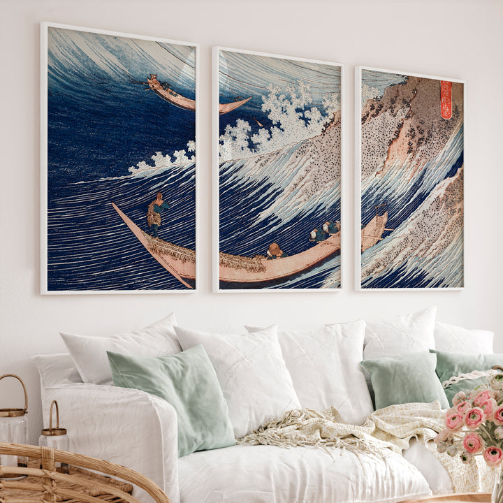 Japanese Wall Art Featuring Stylized Clouds on Deep Blue Triptych - White Framed Poster No Border - Artworksets