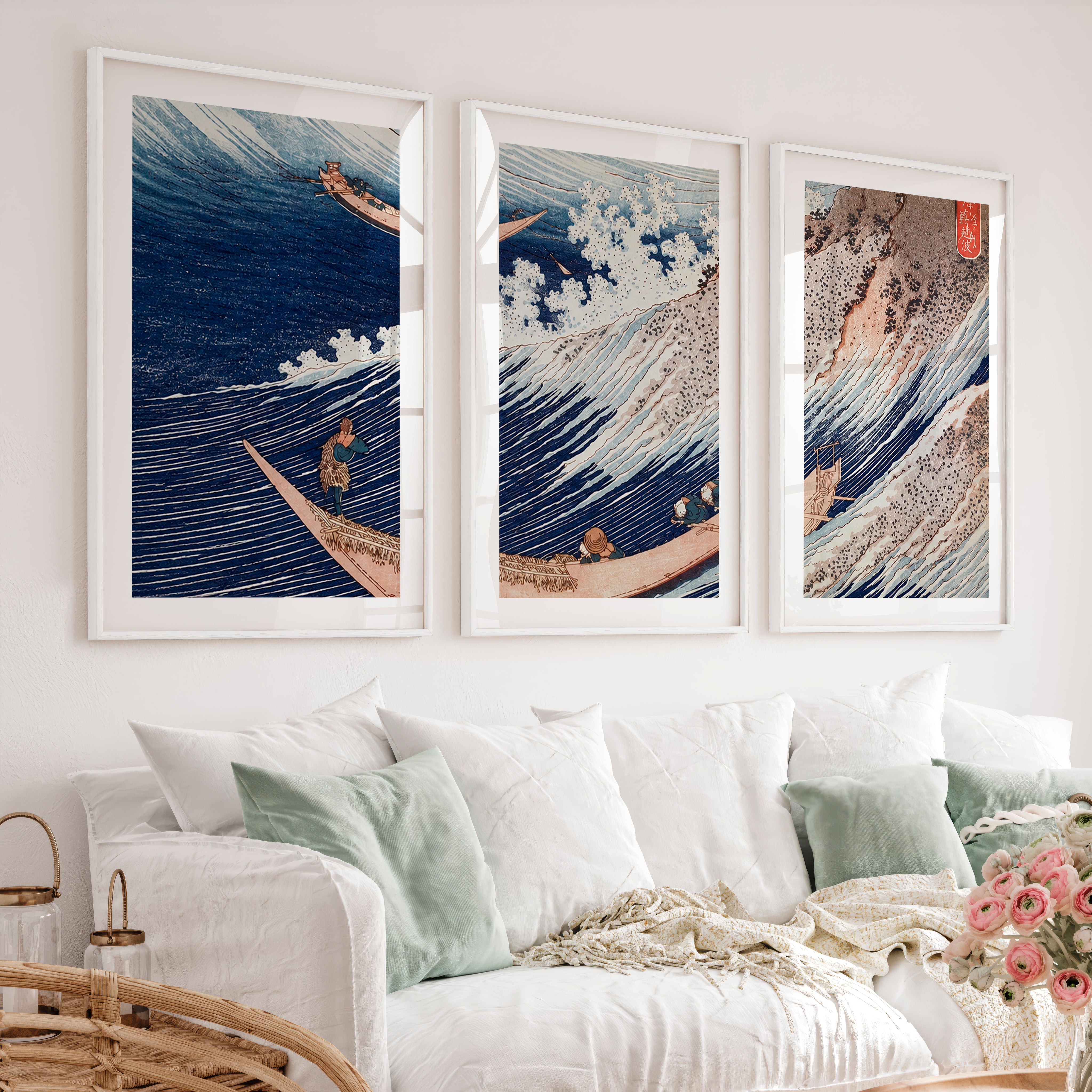 Japanese Wall Art Featuring Stylized Clouds on Deep Blue Triptych - White Framed Poster with White Border - Artworksets