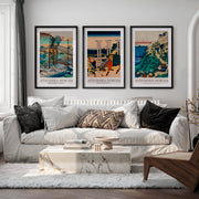 Hokusai Bridge and Mountain Japanese Wall Decor - Black Framed Poster with White Border - Artworksets