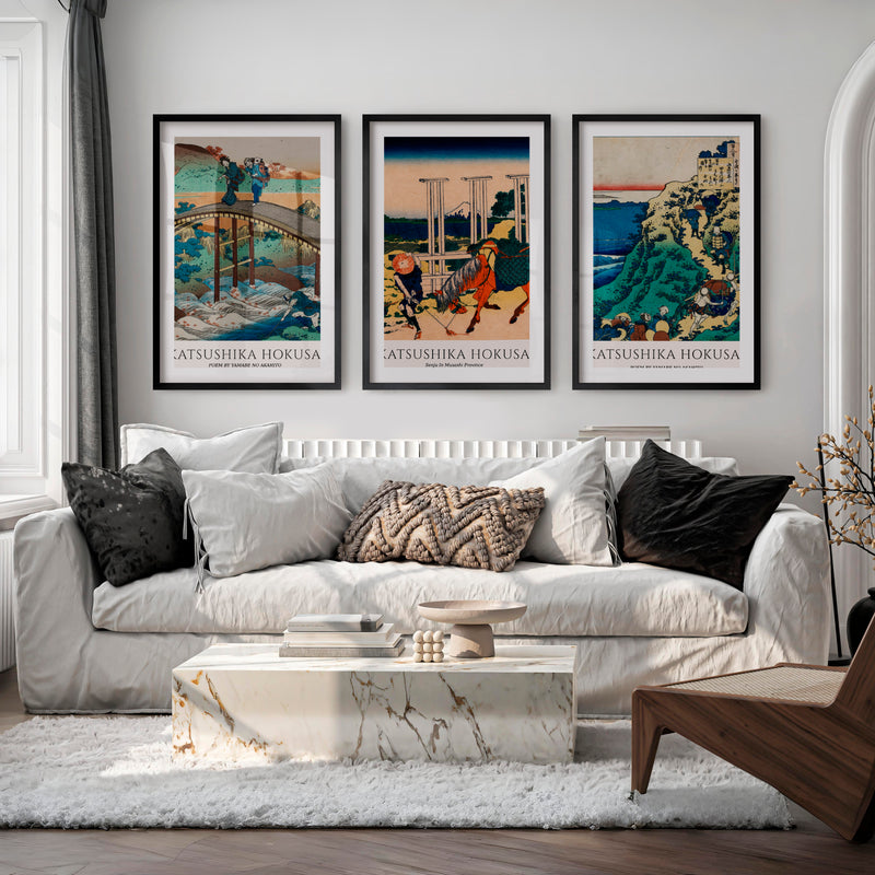 Hokusai Bridge and Mountain Japanese Wall Decor - Black Framed Poster with White Border - Artworksets