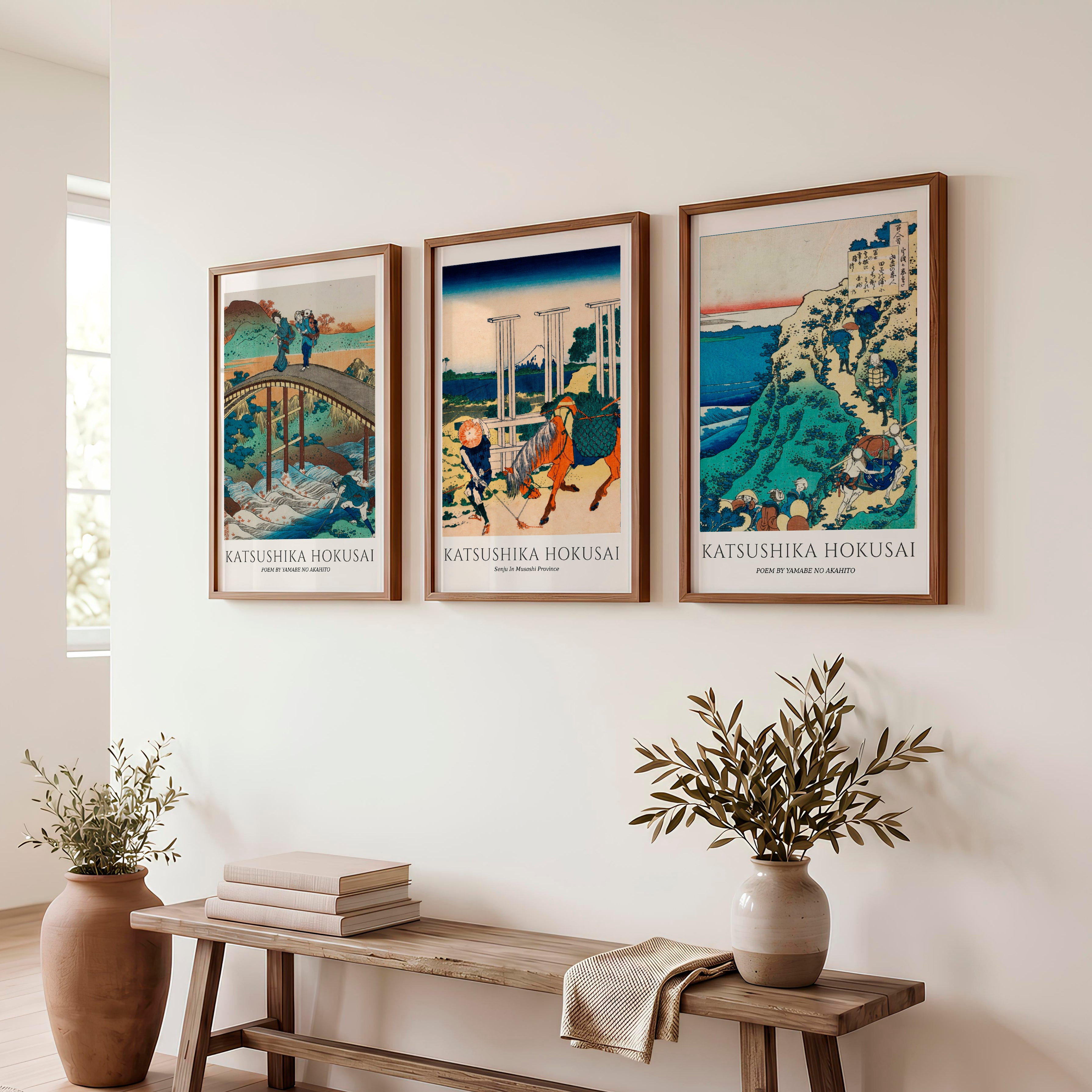 Hokusai Bridge and Mountain Japanese Wall Decor - Dark Brown Framed Poster No Border - Artworksets