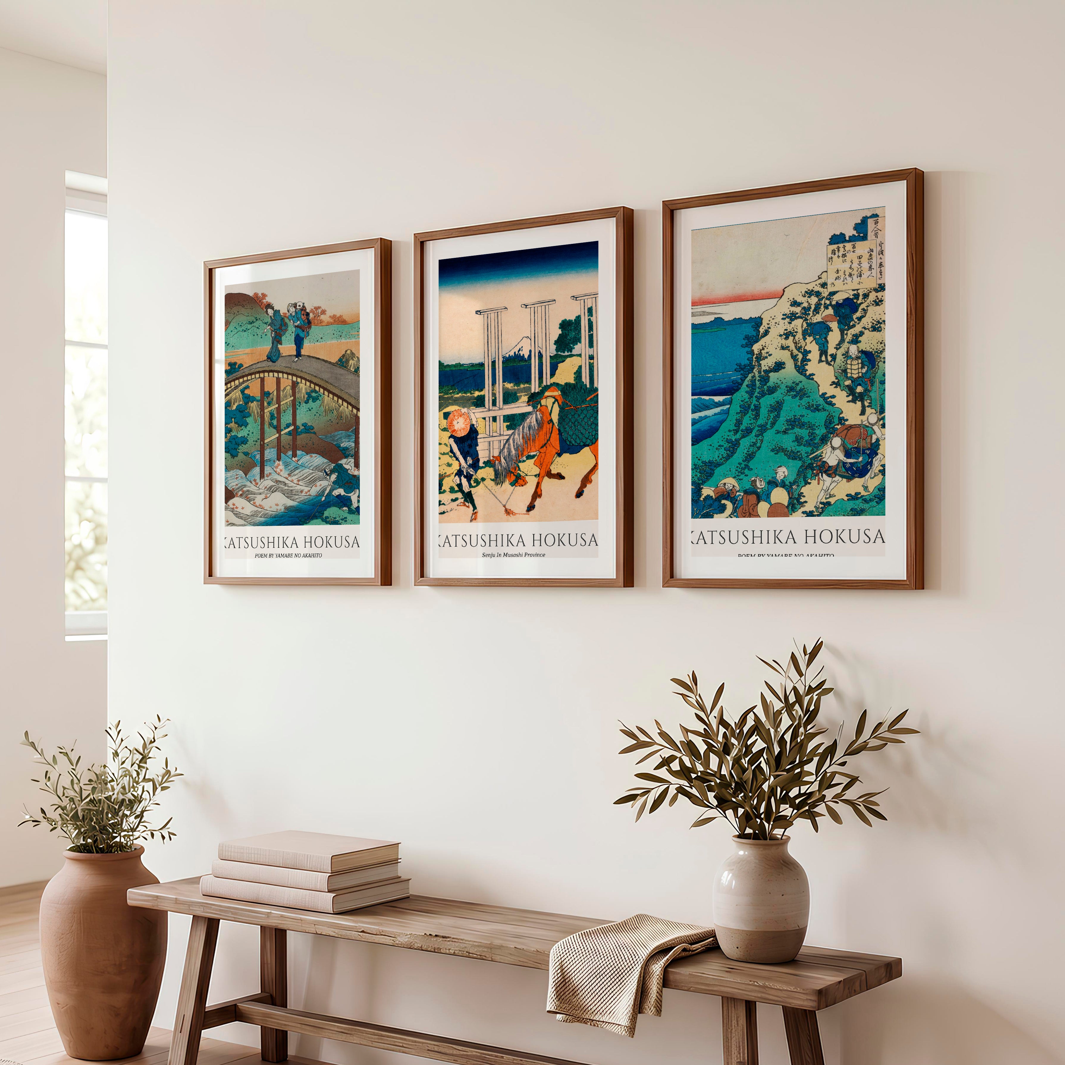 Hokusai Bridge and Mountain Japanese Wall Decor - Dark Brown Framed Poster with White Border - Artworksets