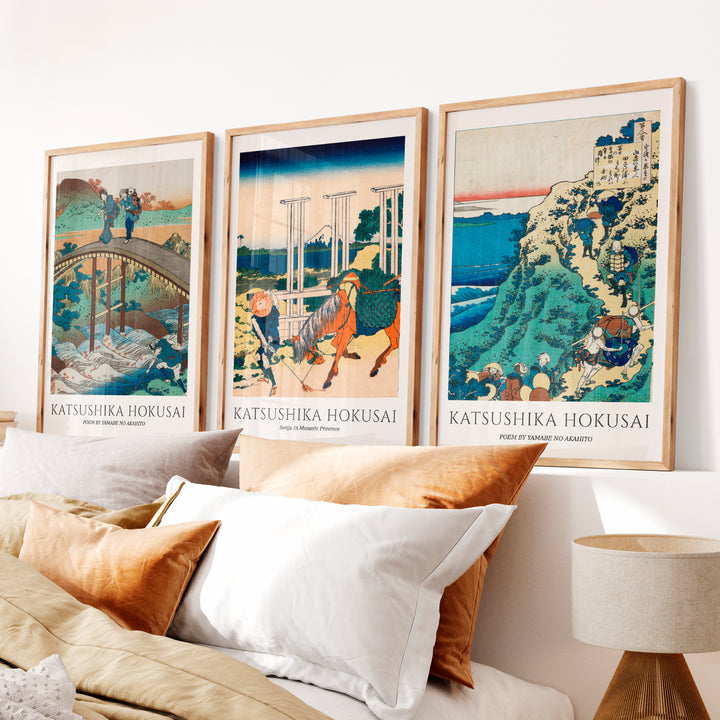 Hokusai Bridge and Mountain Japanese Wall Decor - Natural Wood Framed Poster No Border - Artworksets