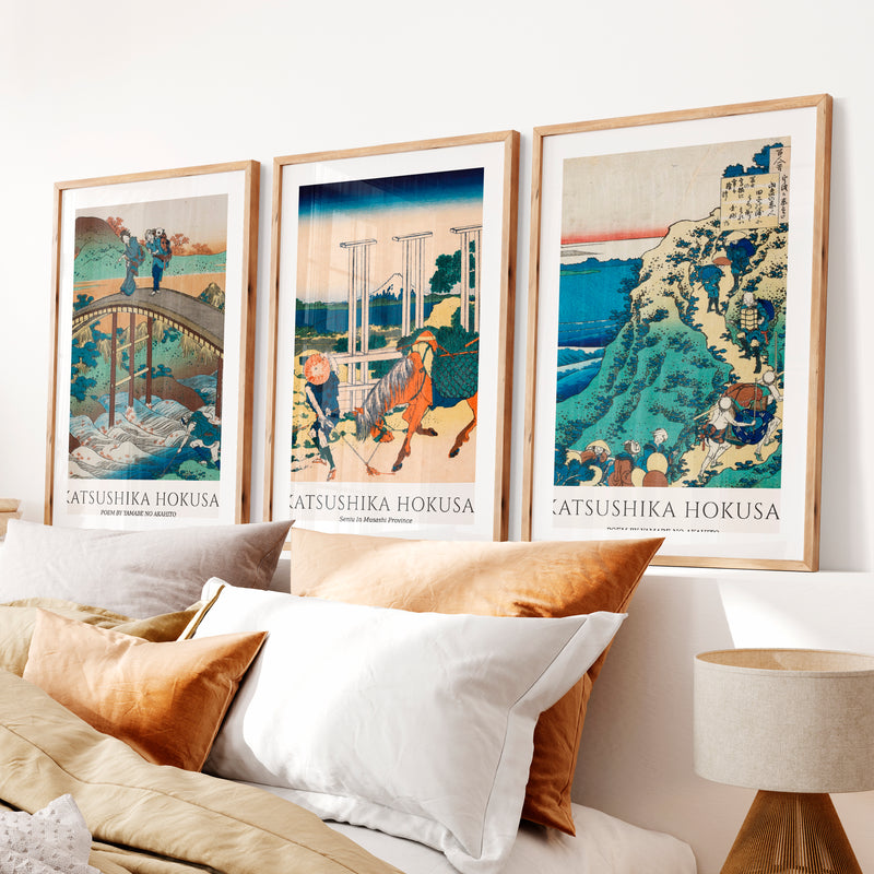 Hokusai Bridge and Mountain Japanese Wall Decor- Natural Wood Framed Poster with White Border - Artworksets