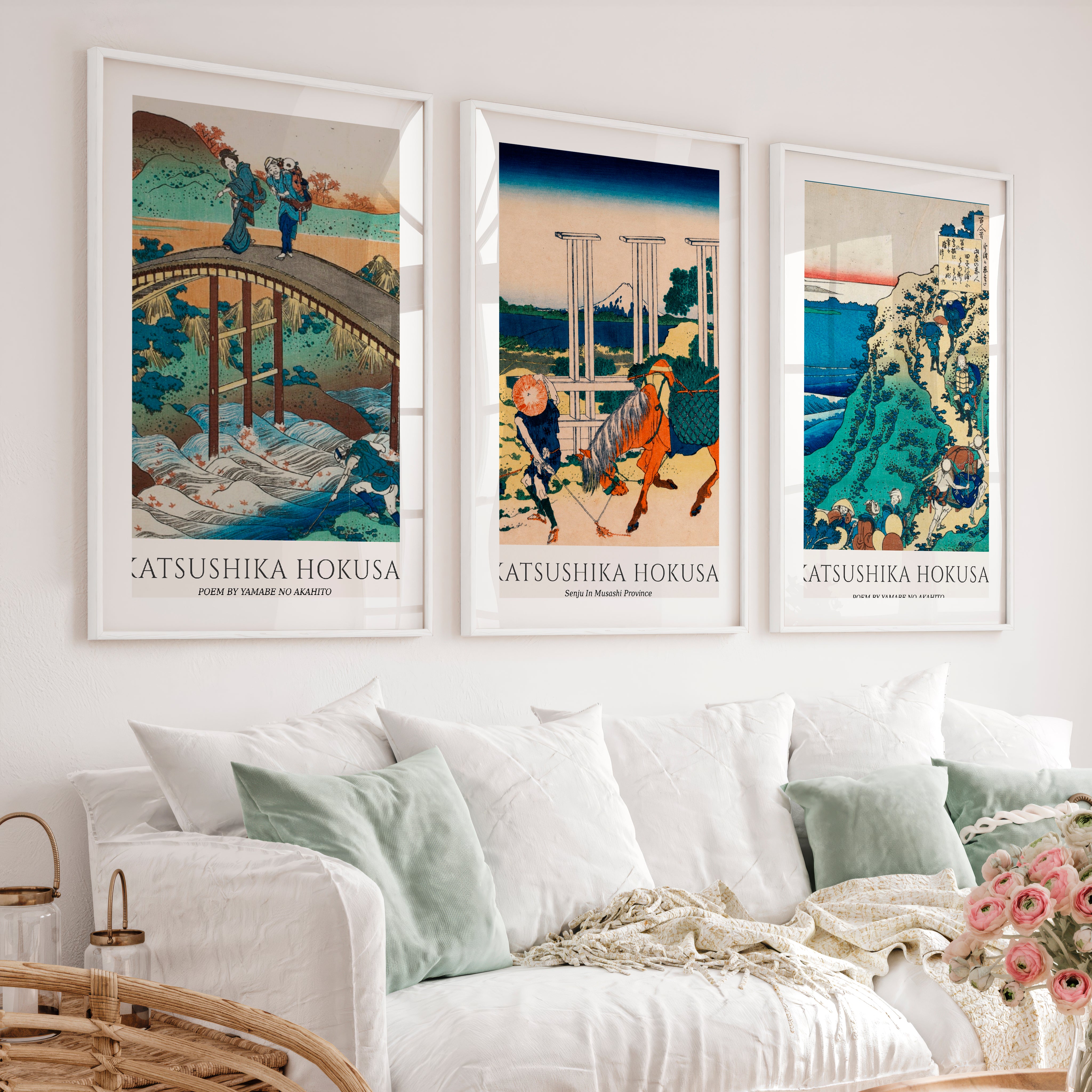 Hokusai Bridge and Mountain Japanese Wall Decor - White Framed Poster with White Border - Artworksets