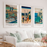 Hokusai Bridge and Mountain Japanese Wall Decor - White Framed Poster with White Border - Artworksets