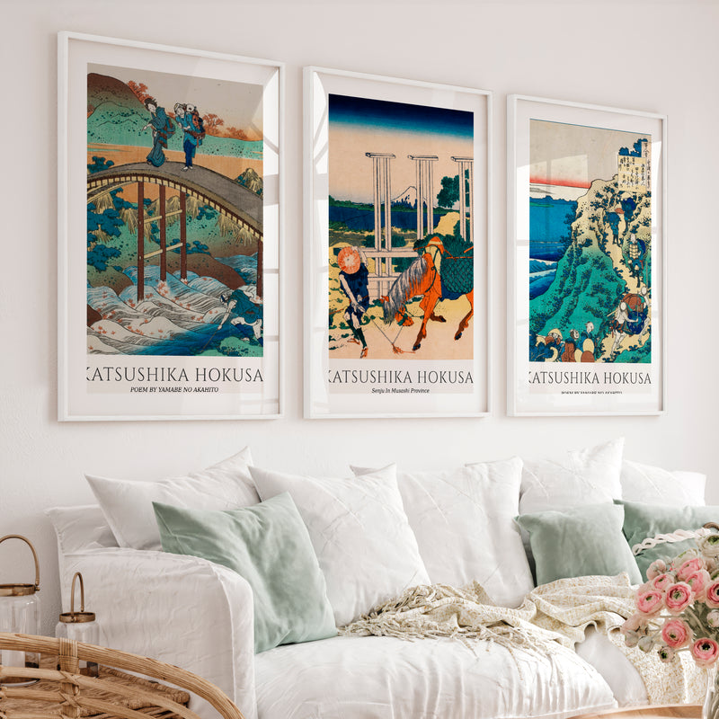 Hokusai Bridge and Mountain Japanese Wall Decor - White Framed Poster with White Border - Artworksets