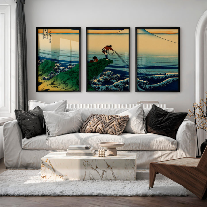 Japanese Wall Decor Featuring Pink Sun Over Serene River Triptych - Black Framed Poster No Border - Artworksets