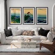 Japanese Wall Decor Featuring Pink Sun Over Serene River Triptych - Black Framed Poster with White Border - Artworksets