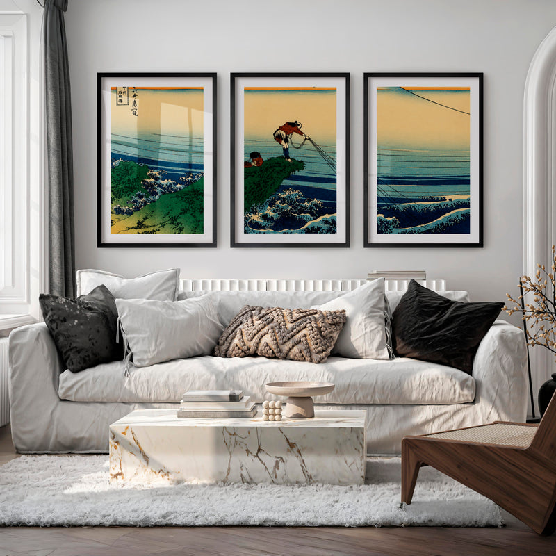 Japanese Wall Decor Featuring Pink Sun Over Serene River Triptych - Black Framed Poster with White Border - Artworksets