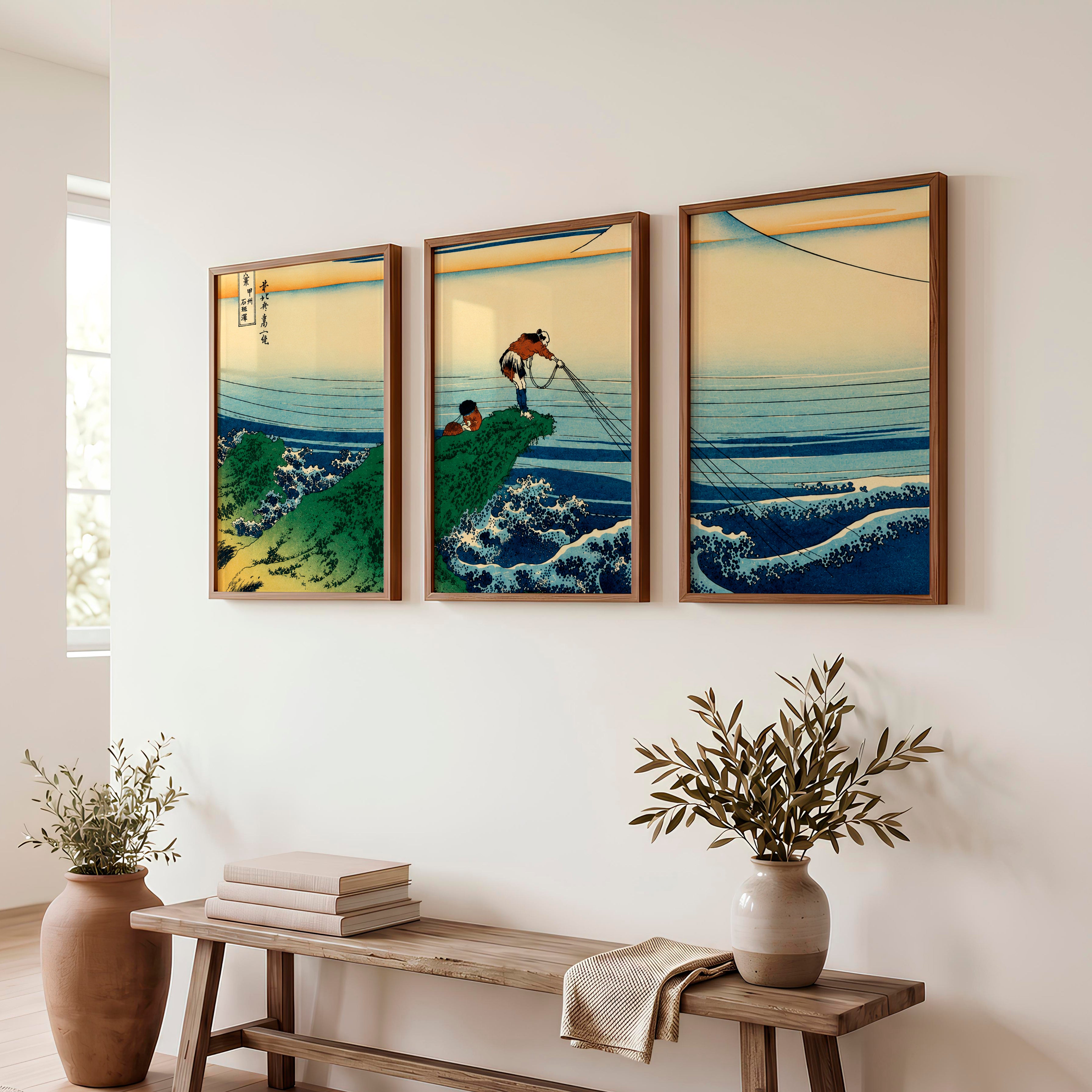 Japanese Wall Decor Featuring Pink Sun Over Serene River Triptych - Dark Brown Framed Poster No Border - Artworksets