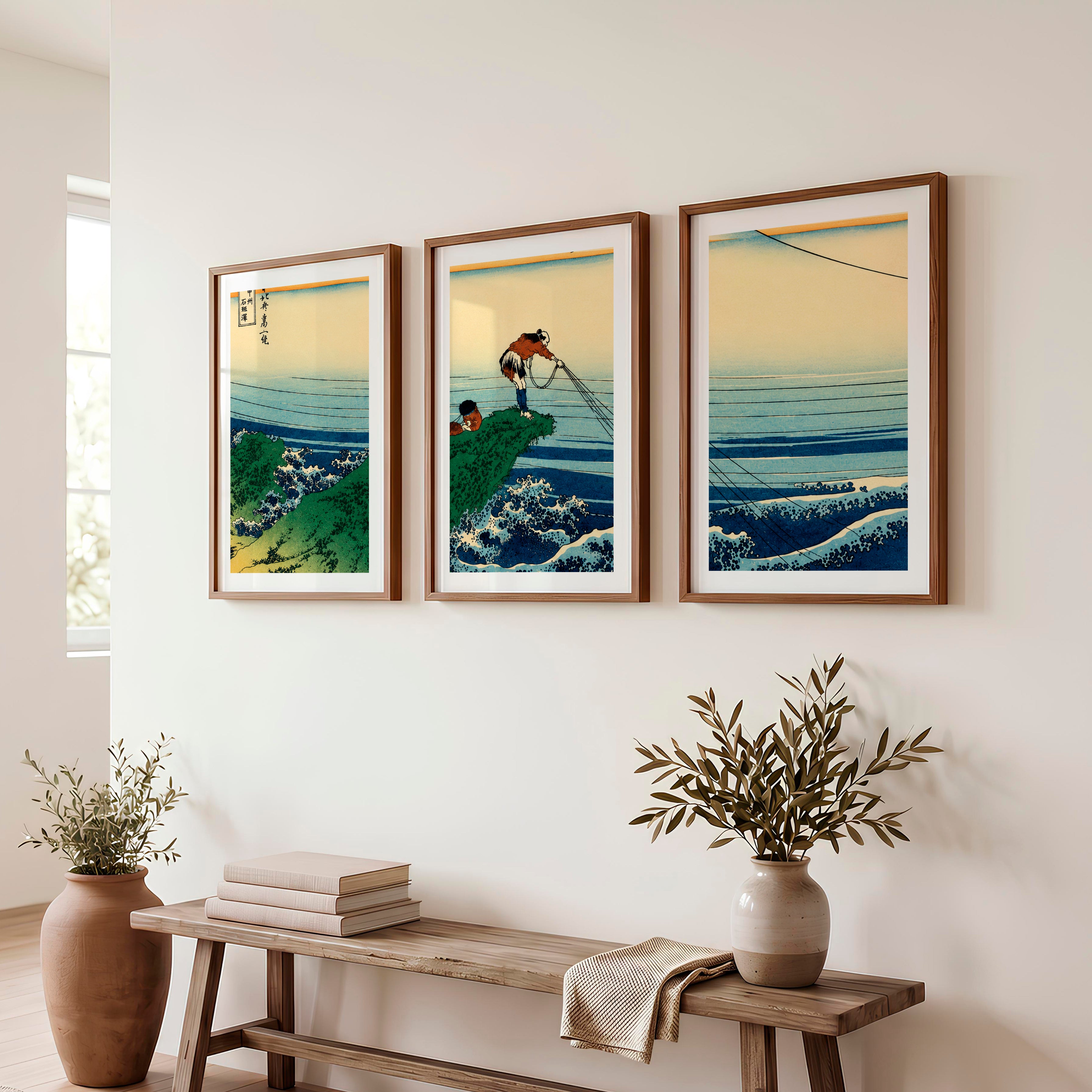 Japanese Wall Decor Featuring Pink Sun Over Serene River Triptych - Dark Brown Framed Poster with White Border - Artworksets