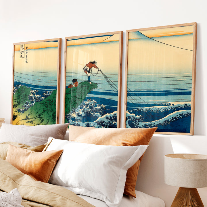 Japanese Wall Decor Featuring Pink Sun Over Serene River Triptych - Natural Wood Framed Poster No Border - Artworksets