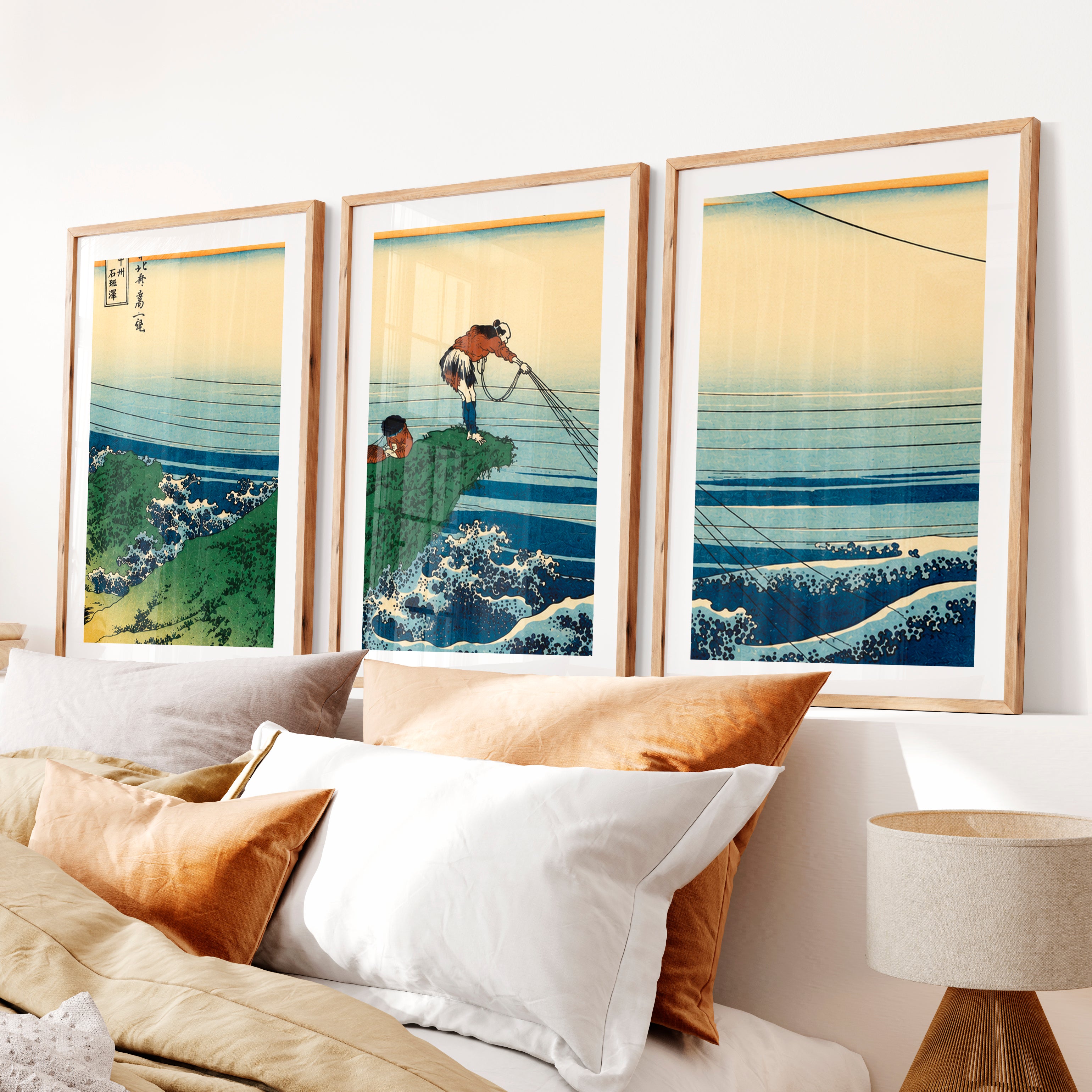 Japanese Wall Decor Featuring Pink Sun Over Serene River Triptych- Natural Wood Framed Poster with White Border - Artworksets