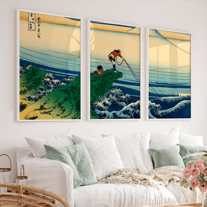 Japanese Wall Decor Featuring Pink Sun Over Serene River Triptych - White Framed Poster No Border - Artworksets