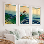 Japanese Wall Decor Featuring Pink Sun Over Serene River Triptych - White Framed Poster with White Border - Artworksets