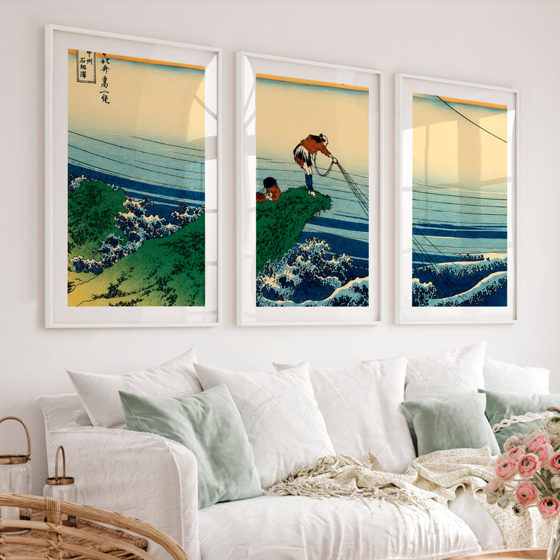 Japanese Wall Decor Featuring Pink Sun Over Serene River Triptych - White Framed Poster with White Border - Artworksets