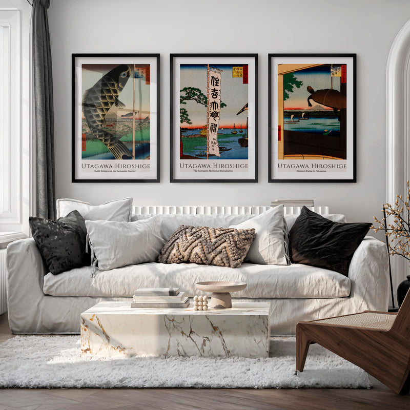 Hiroshige Festival Views Japanese Wall Art - Black Framed Poster with White Border - Artworksets