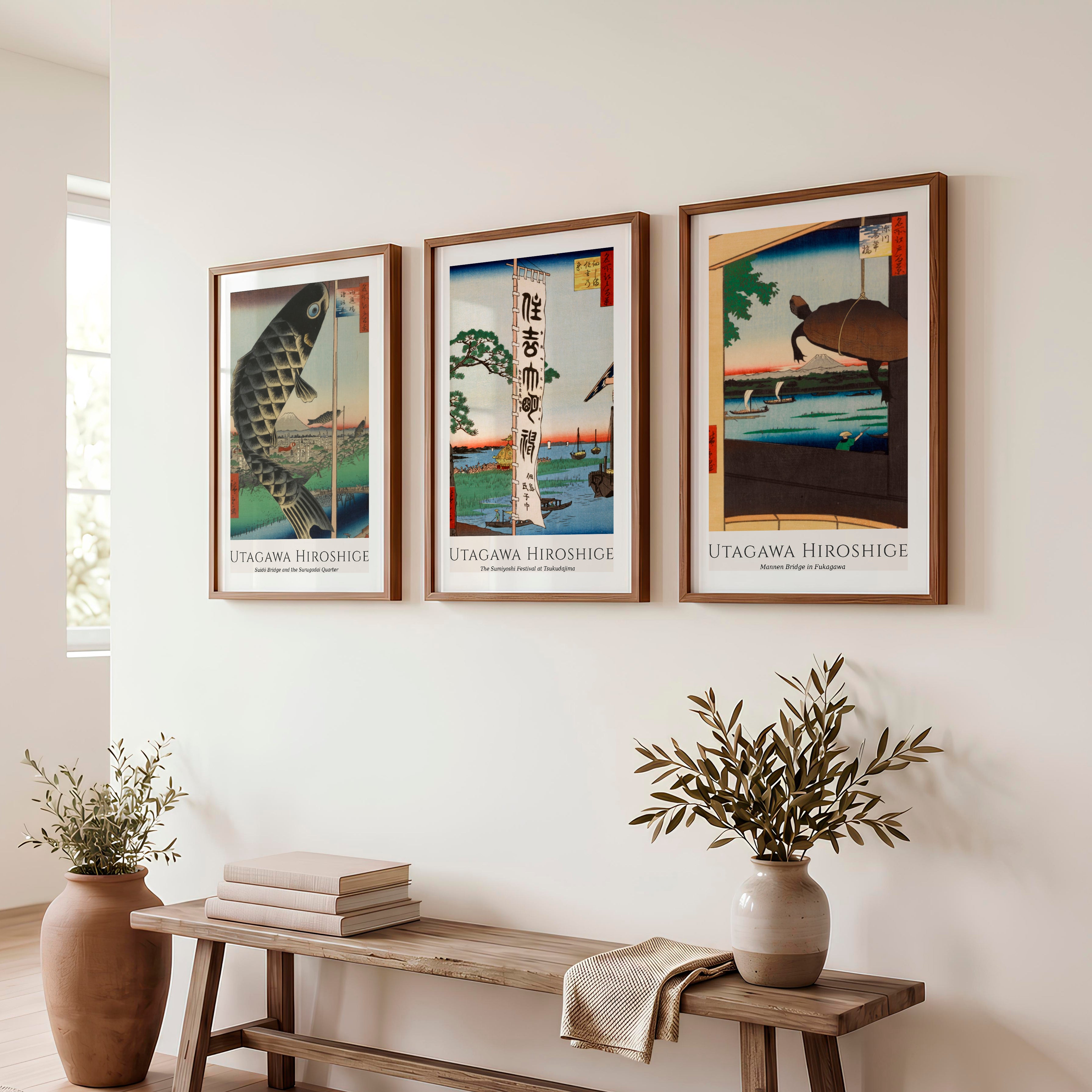 Hiroshige Festival Views Japanese Wall Art - Dark Brown Framed Poster with White Border - Artworksets