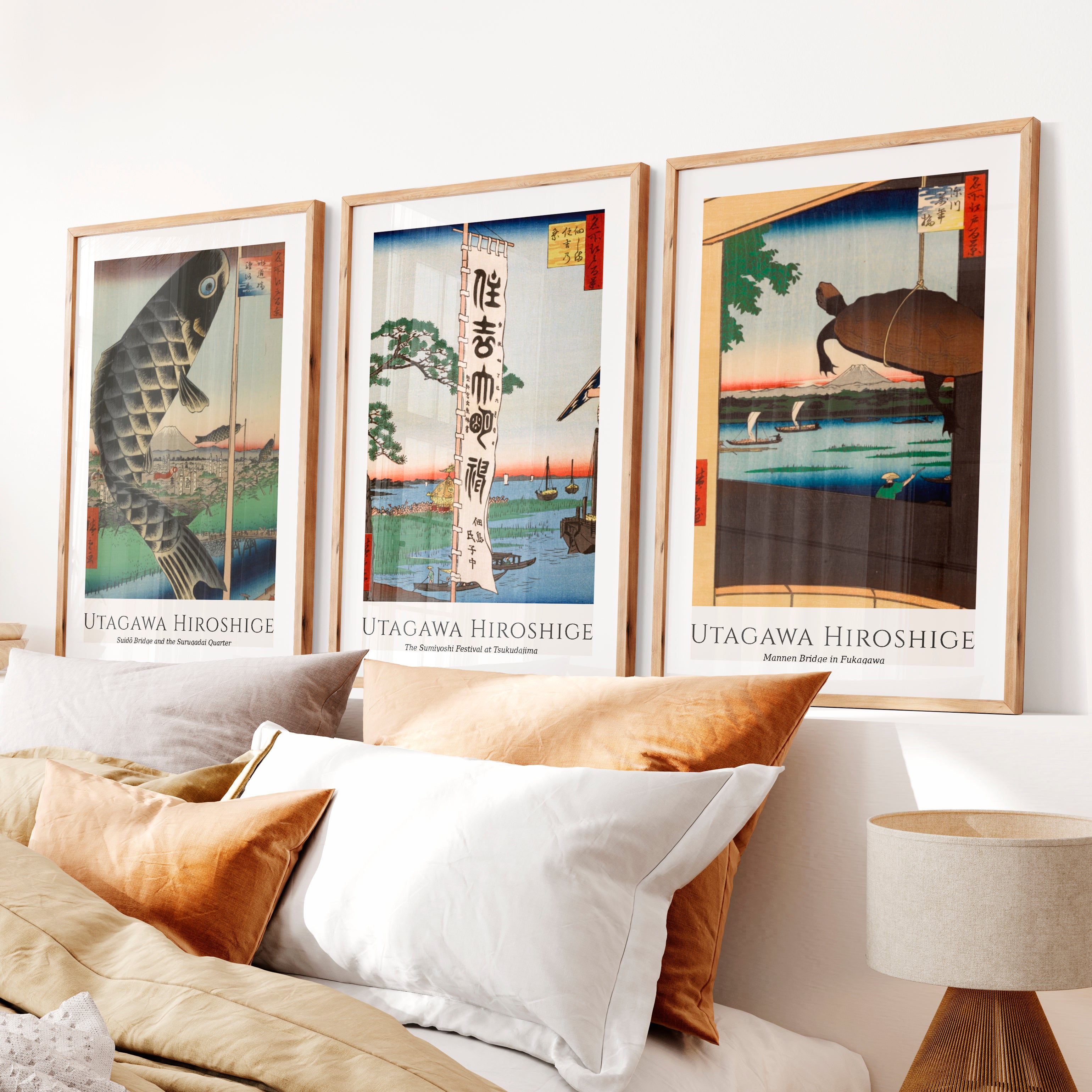 Hiroshige Festival Views Japanese Wall Art- Natural Wood Framed Poster with White Border - Artworksets
