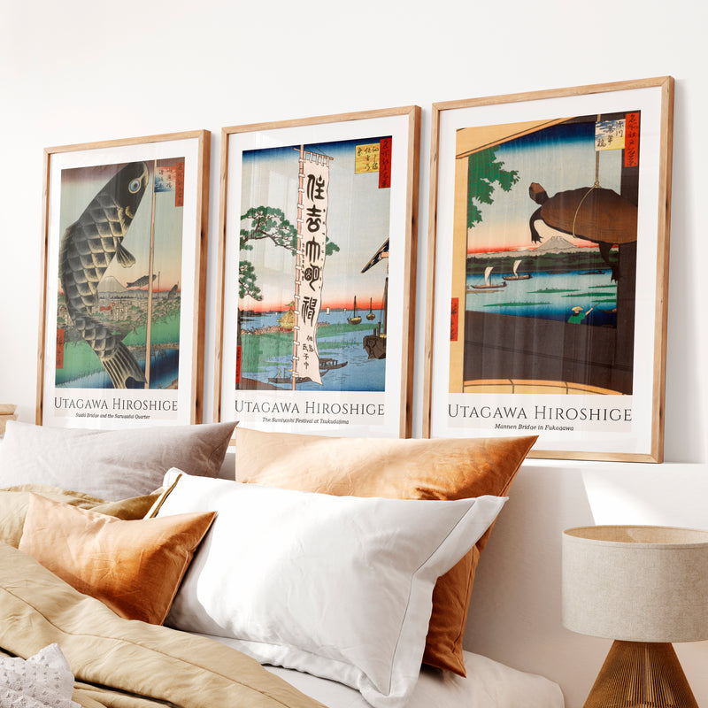 Hiroshige Festival Views Japanese Wall Art- Natural Wood Framed Poster with White Border - Artworksets