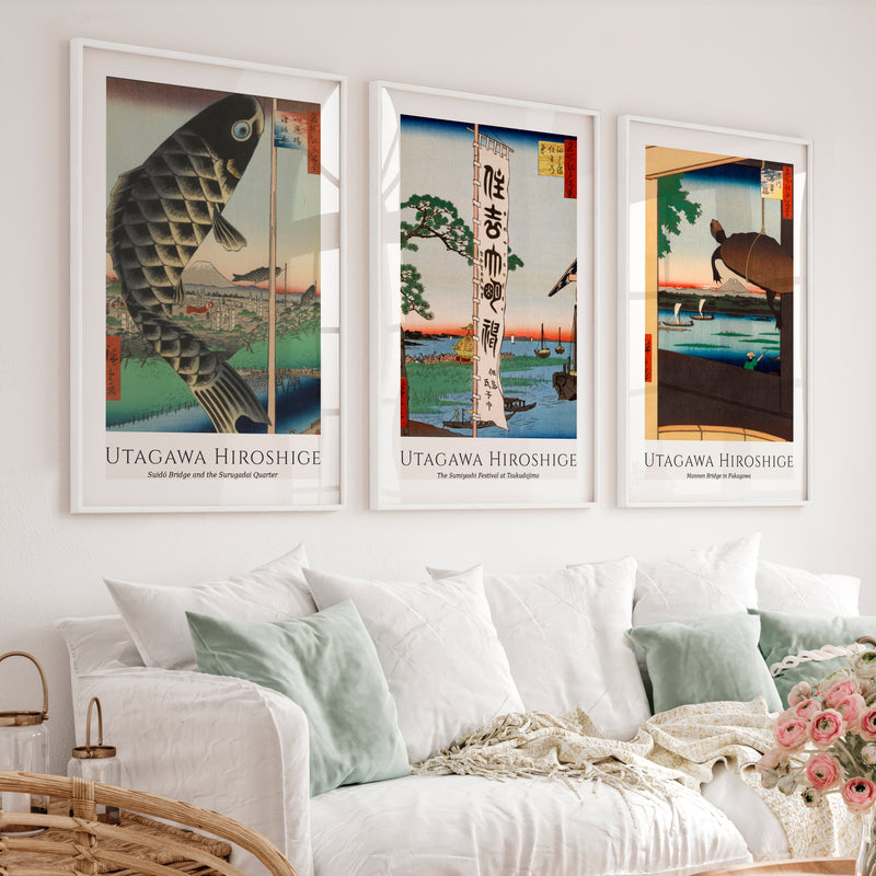 Hiroshige Festival Views Japanese Wall Art - White Framed Poster with White Border - Artworksets