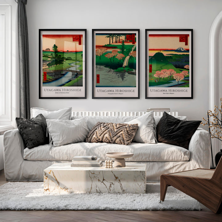 Hiroshige Fuji and Cherry Japanese Wall Pictures - Black Framed Poster No Border - Artworksets