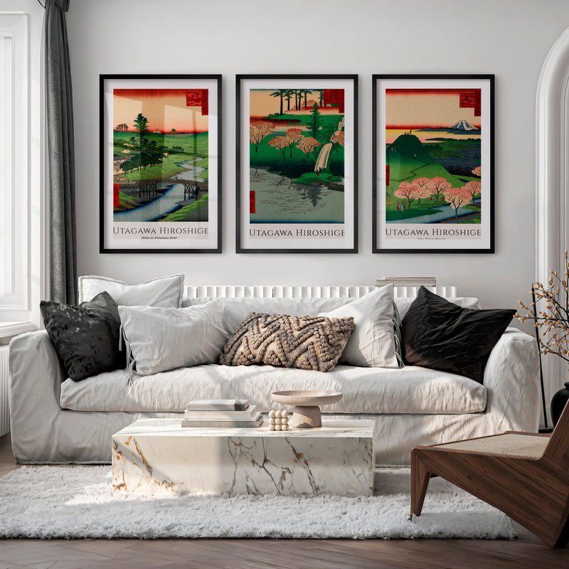 Hiroshige Fuji and Cherry Japanese Wall Pictures - Black Framed Poster with White Border - Artworksets