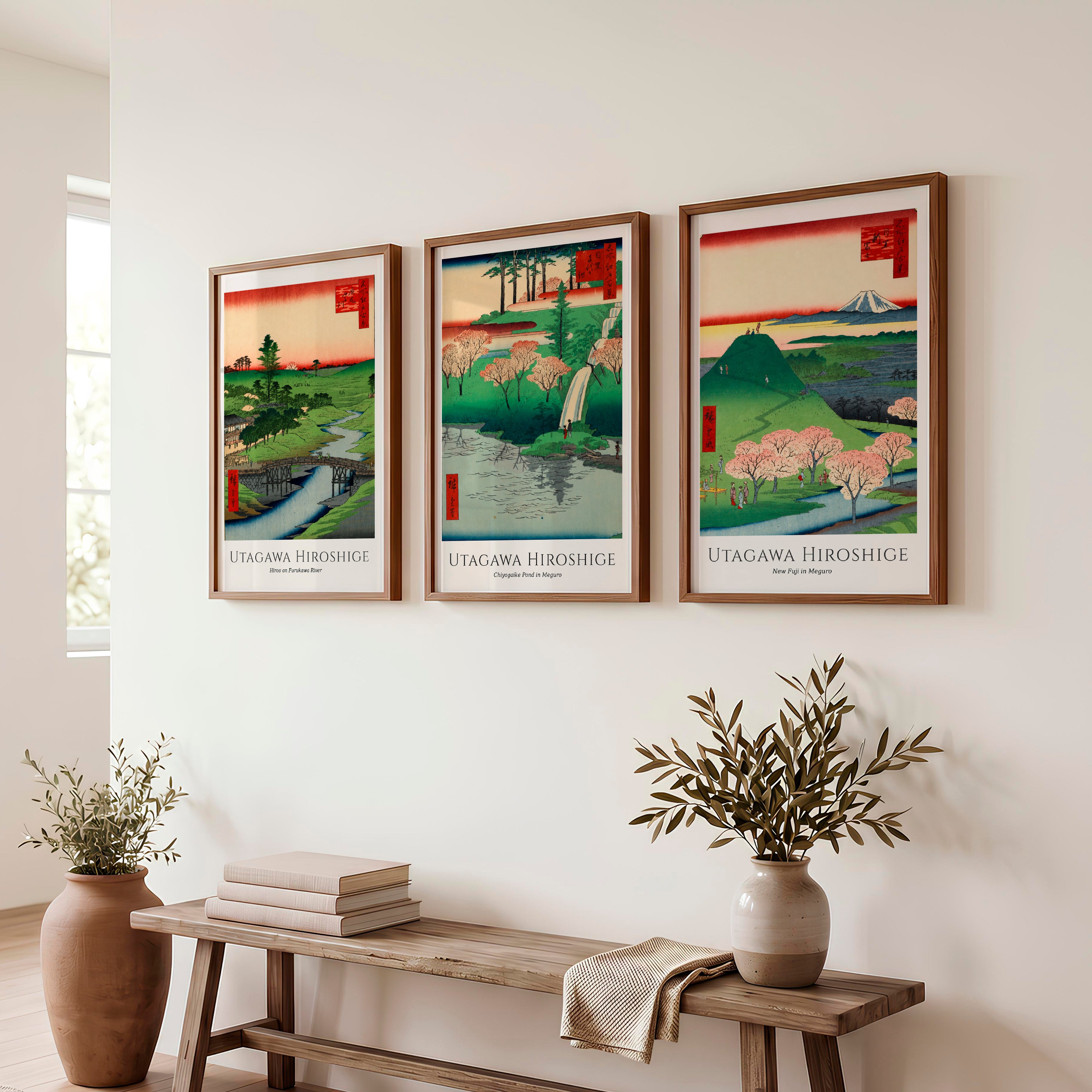 Hiroshige Fuji and Cherry Japanese Wall Pictures - Dark Brown Framed Poster No Border - Artworksets