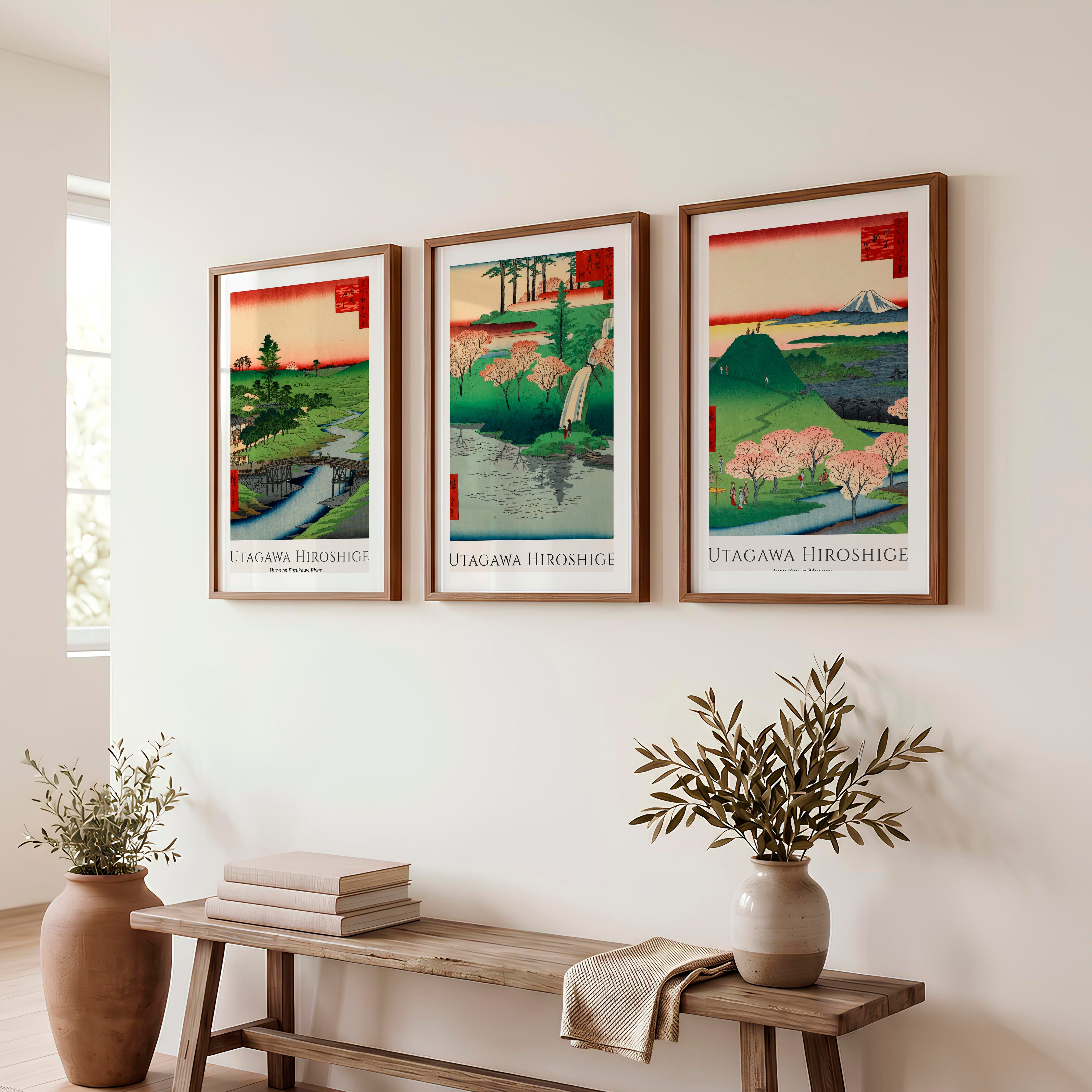 Hiroshige Fuji and Cherry Japanese Wall Pictures - Dark Brown Framed Poster with White Border - Artworksets