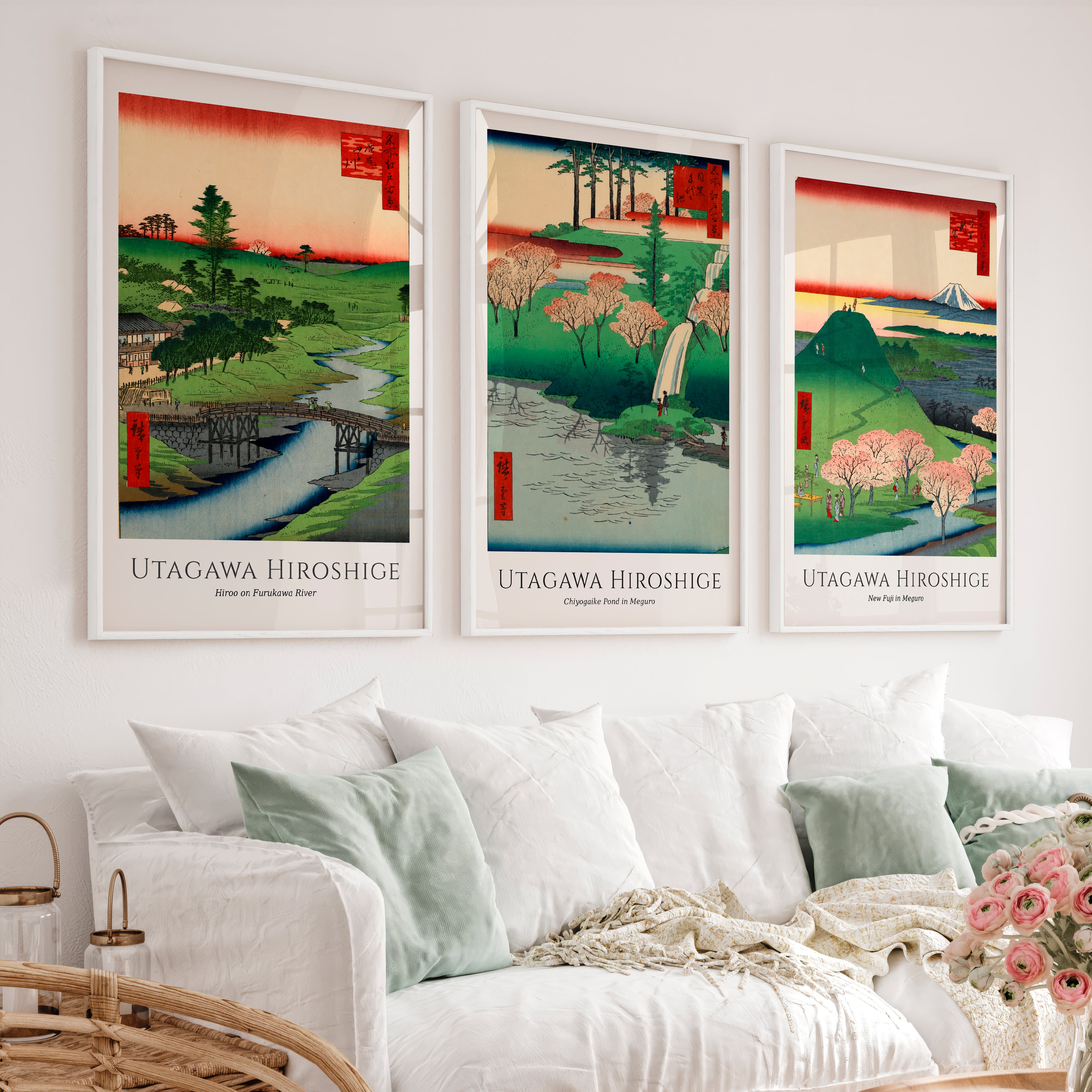Hiroshige Fuji and Cherry Japanese Wall Pictures - White Framed Poster No Border - Artworksets
