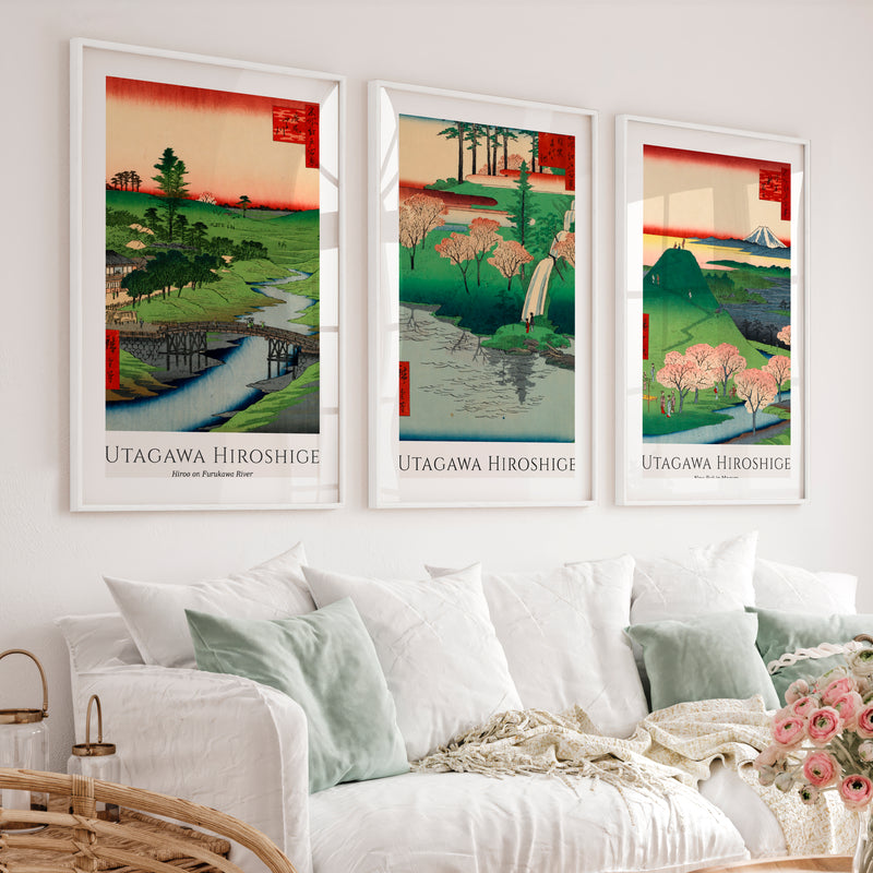 Hiroshige Fuji and Cherry Japanese Wall Pictures - White Framed Poster with White Border - Artworksets