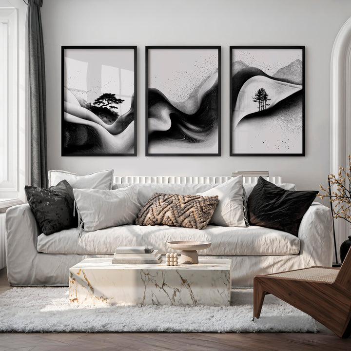 Japanese Wall Pictures Featuring Sunset Hills and Stylized Tree - Black Framed Poster No Border - Artworksets