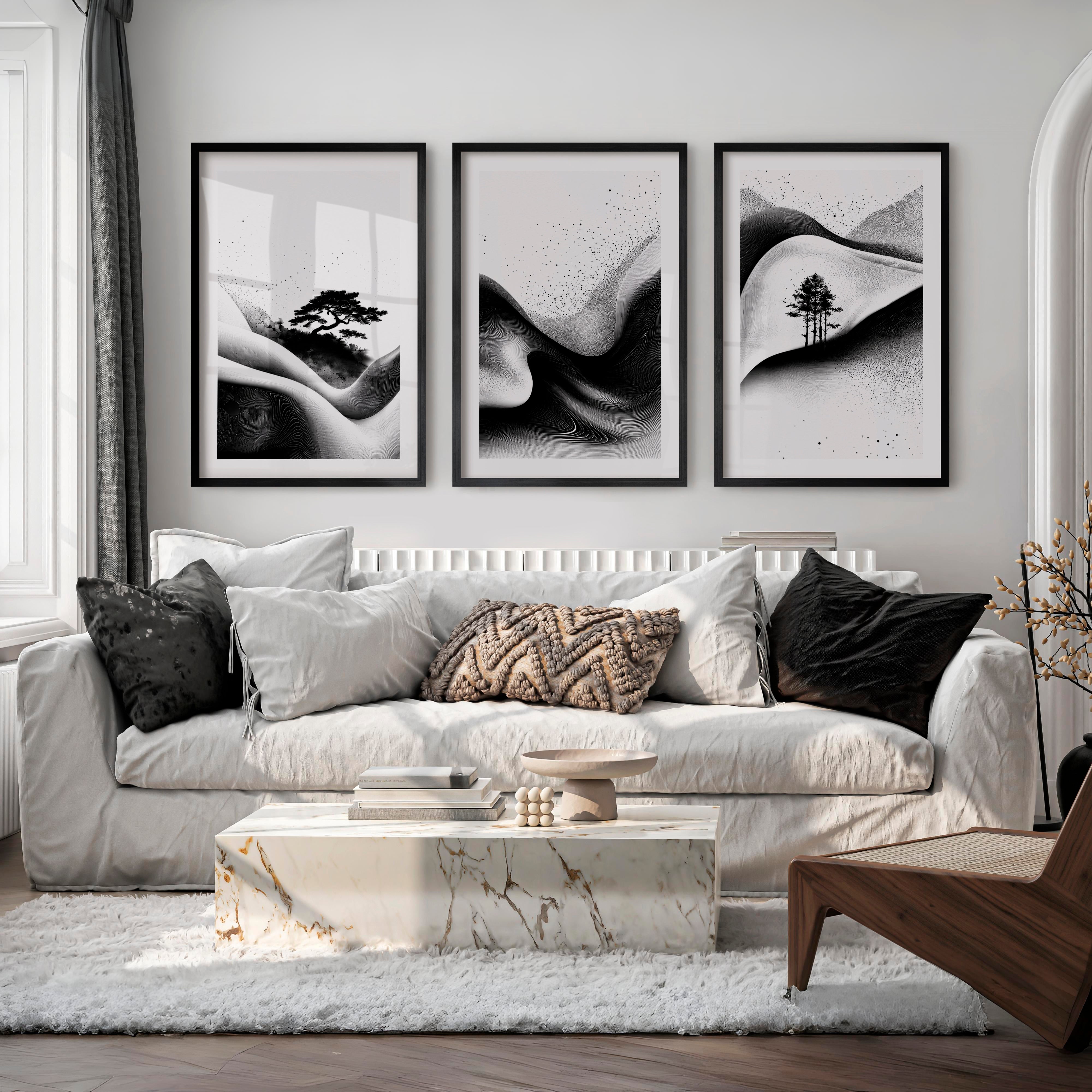 Japanese Wall Pictures Featuring Sunset Hills and Stylized Tree - Black Framed Poster with White Border - Artworksets