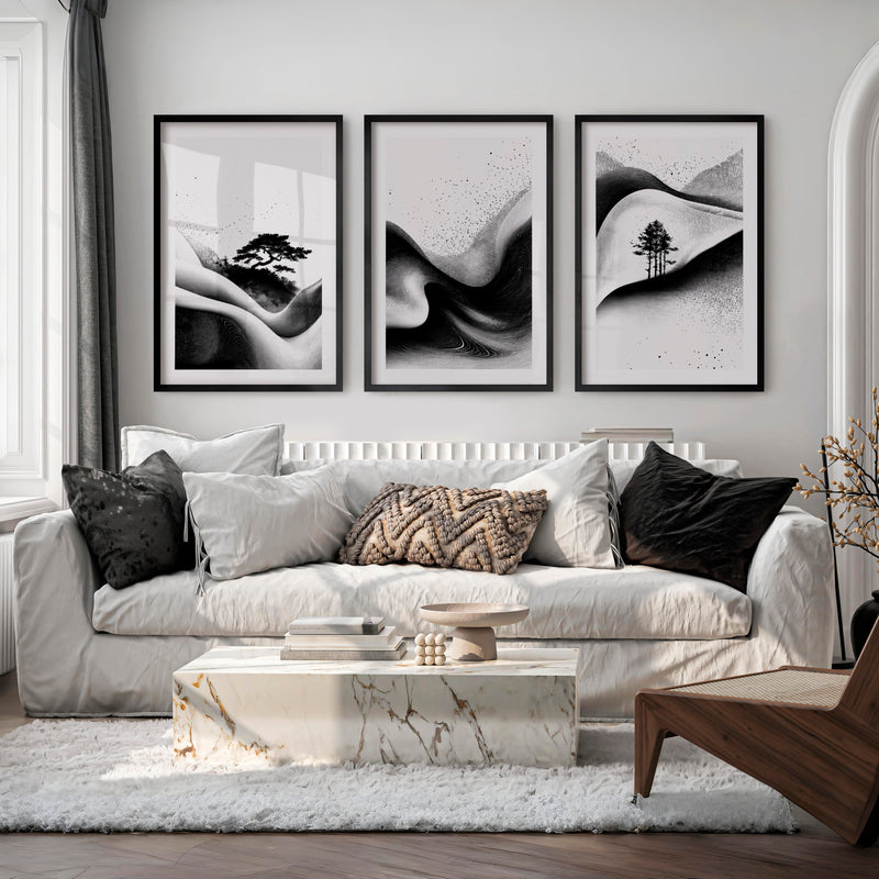 Japanese Wall Pictures Featuring Sunset Hills and Stylized Tree - Black Framed Poster with White Border - Artworksets