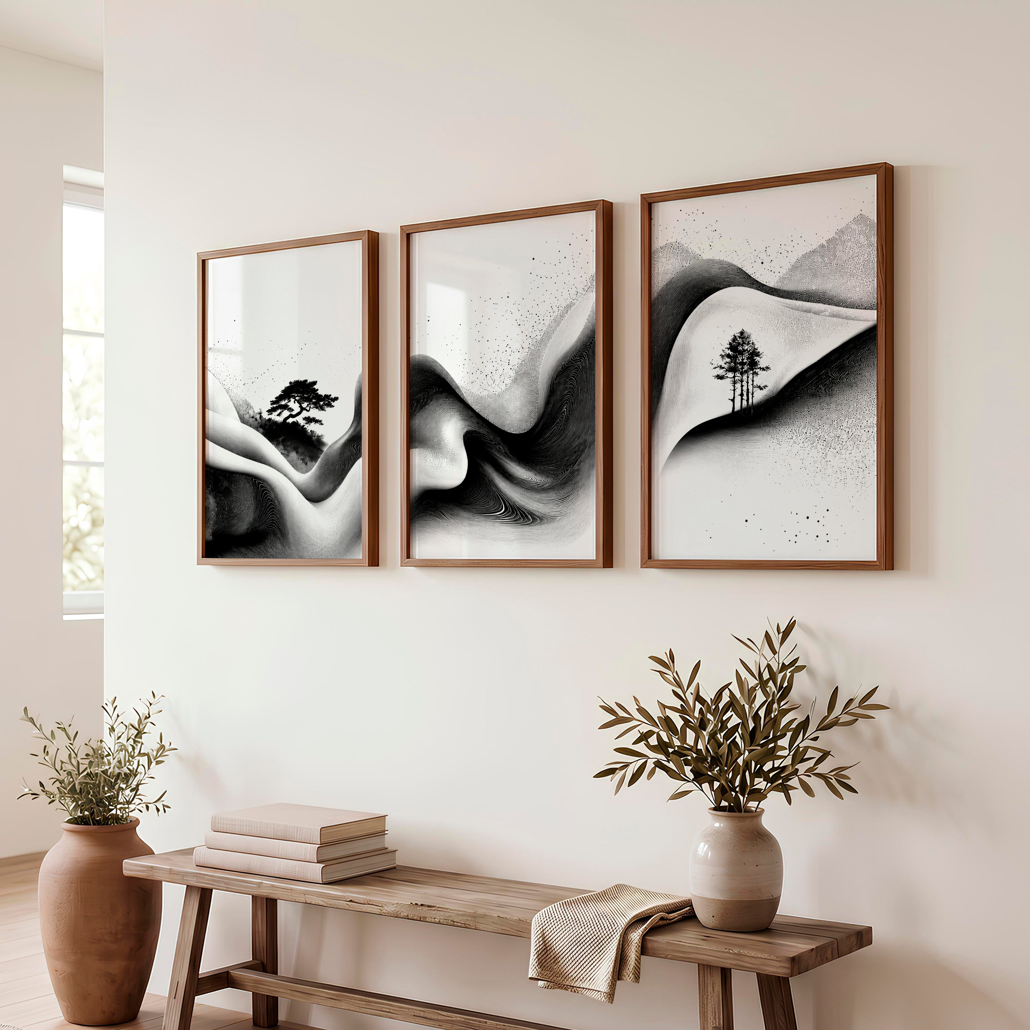 Japanese Wall Pictures Featuring Sunset Hills and Stylized Tree - Dark Brown Framed Poster No Border - Artworksets