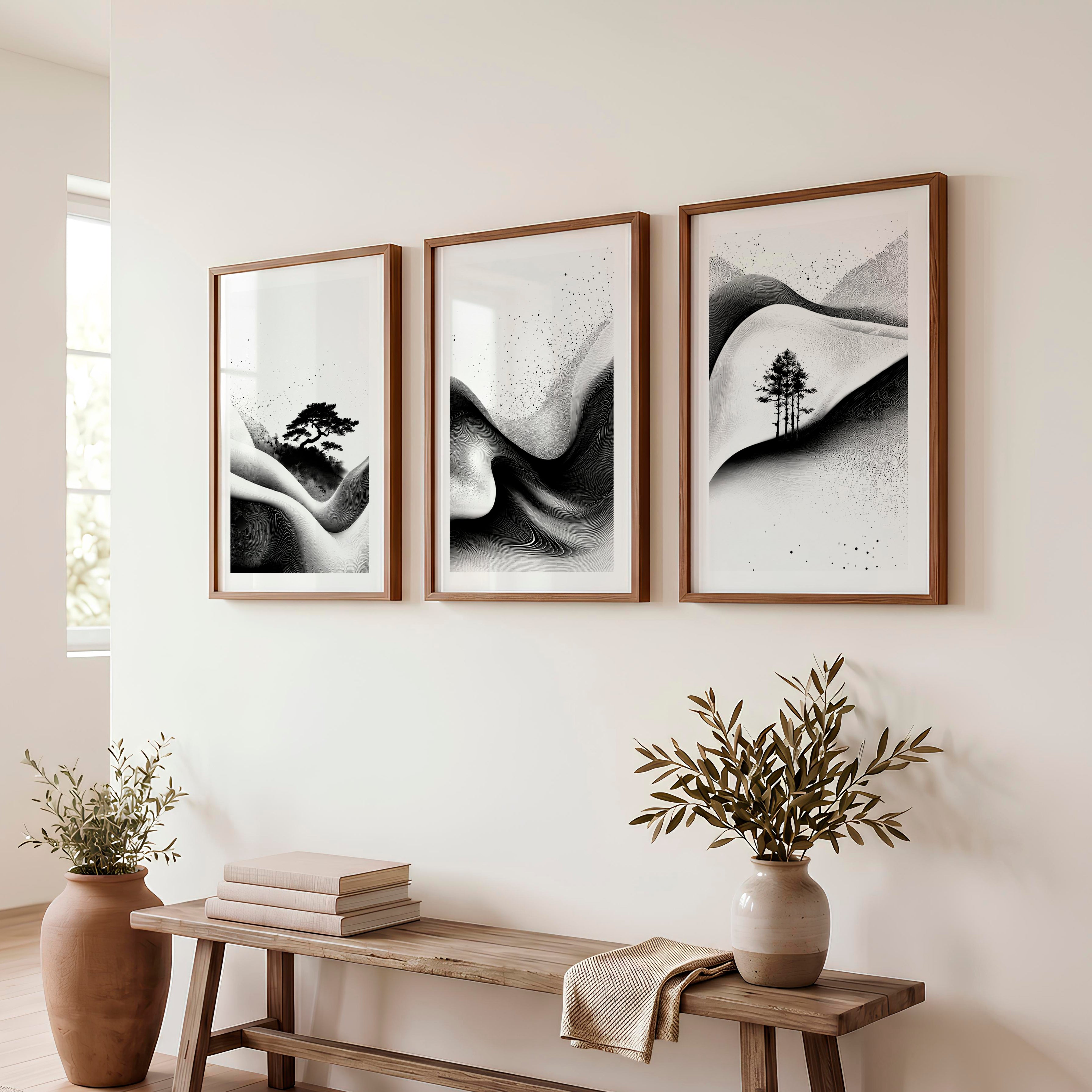 Japanese Wall Pictures Featuring Sunset Hills and Stylized Tree - Dark Brown Framed Poster with White Border - Artworksets