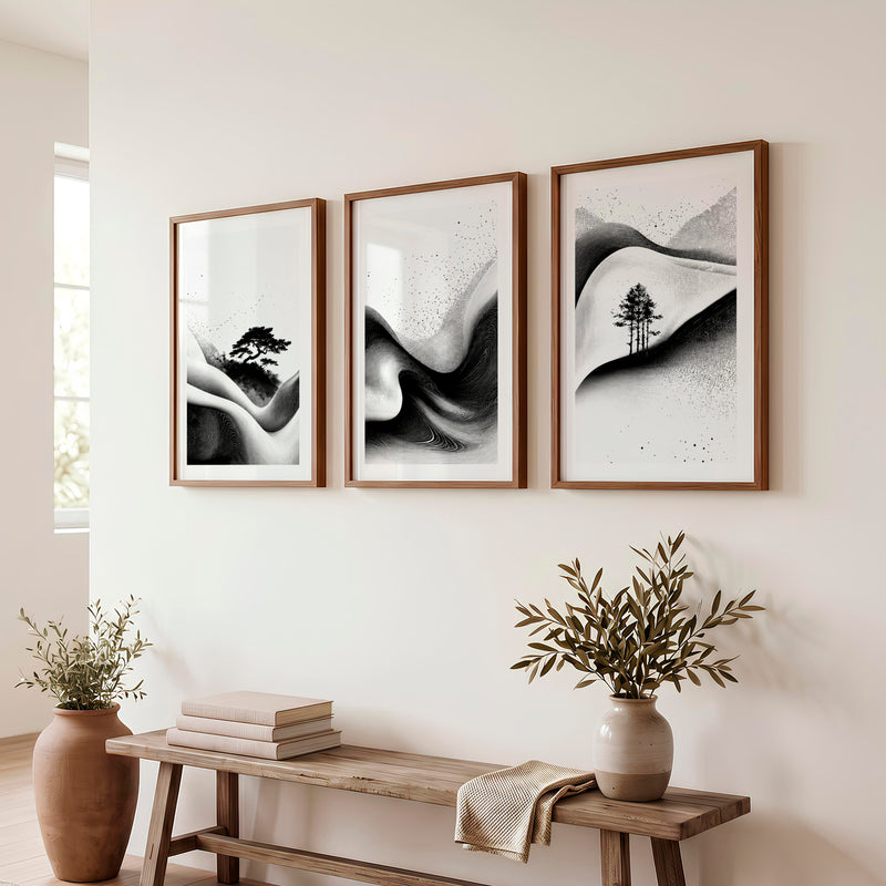 Japanese Wall Pictures Featuring Sunset Hills and Stylized Tree - Dark Brown Framed Poster with White Border - Artworksets