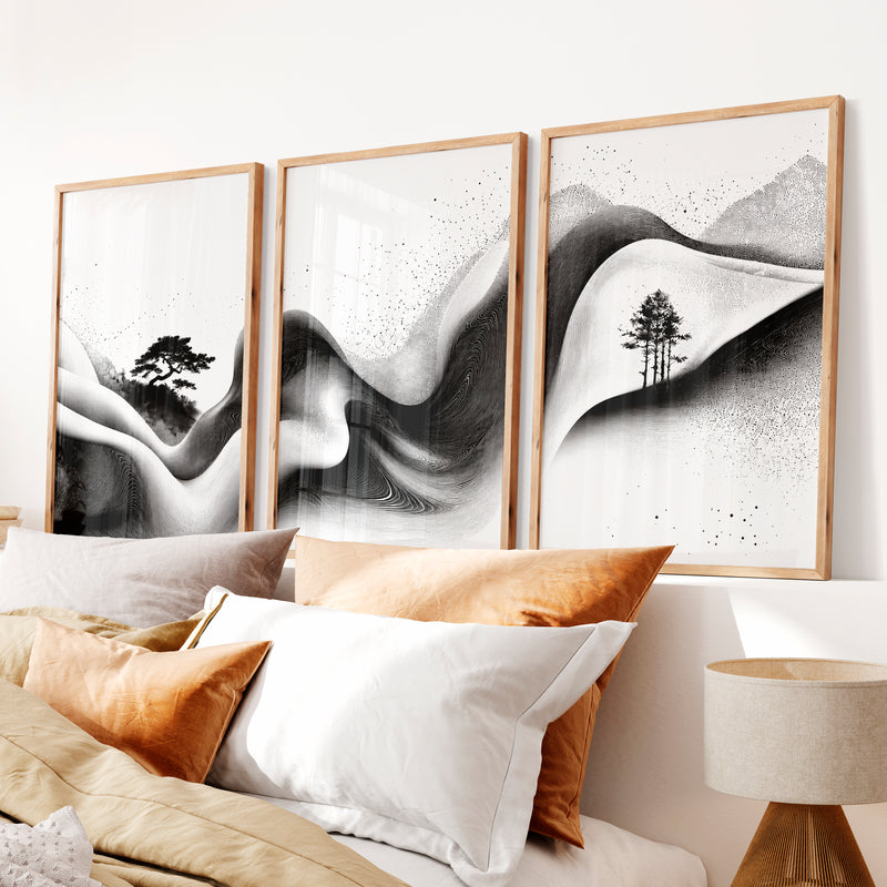 Japanese Wall Pictures Featuring Sunset Hills and Stylized Tree - Natural Wood Framed Poster No Border - Artworksets