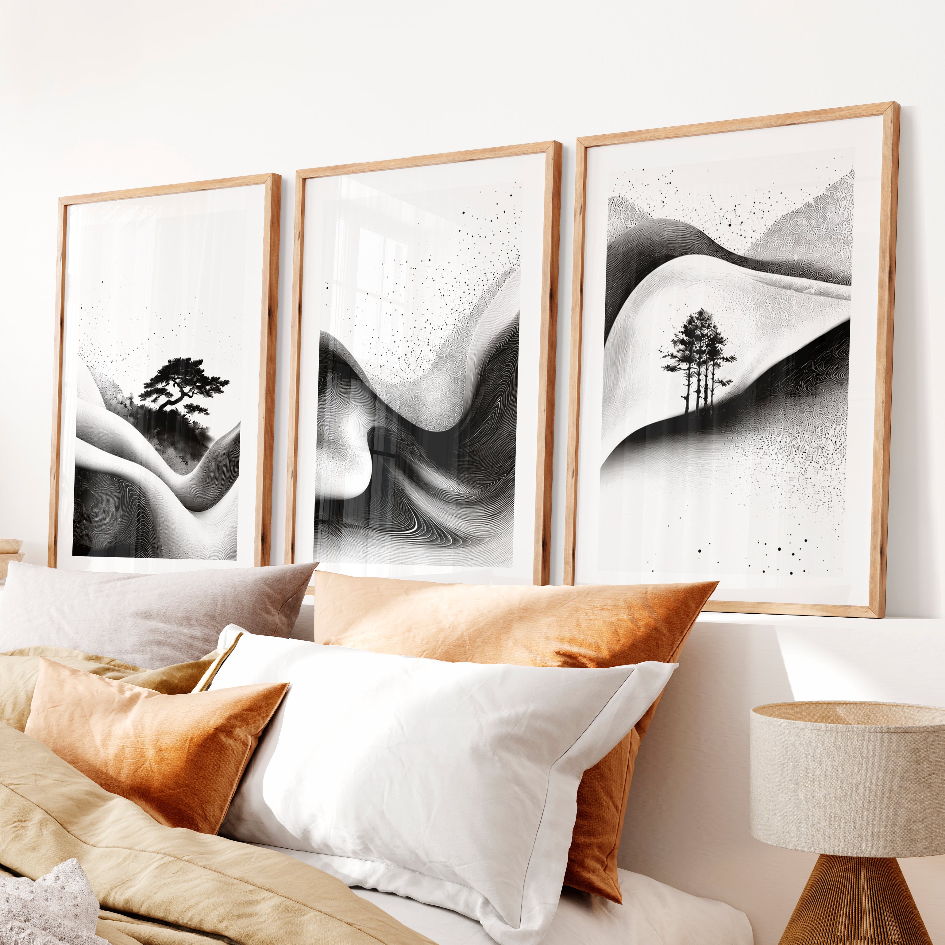 Japanese Wall Pictures Featuring Sunset Hills and Stylized Tree- Natural Wood Framed Poster with White Border - Artworksets