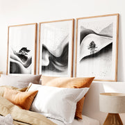 Japanese Wall Pictures Featuring Sunset Hills and Stylized Tree- Natural Wood Framed Poster with White Border - Artworksets