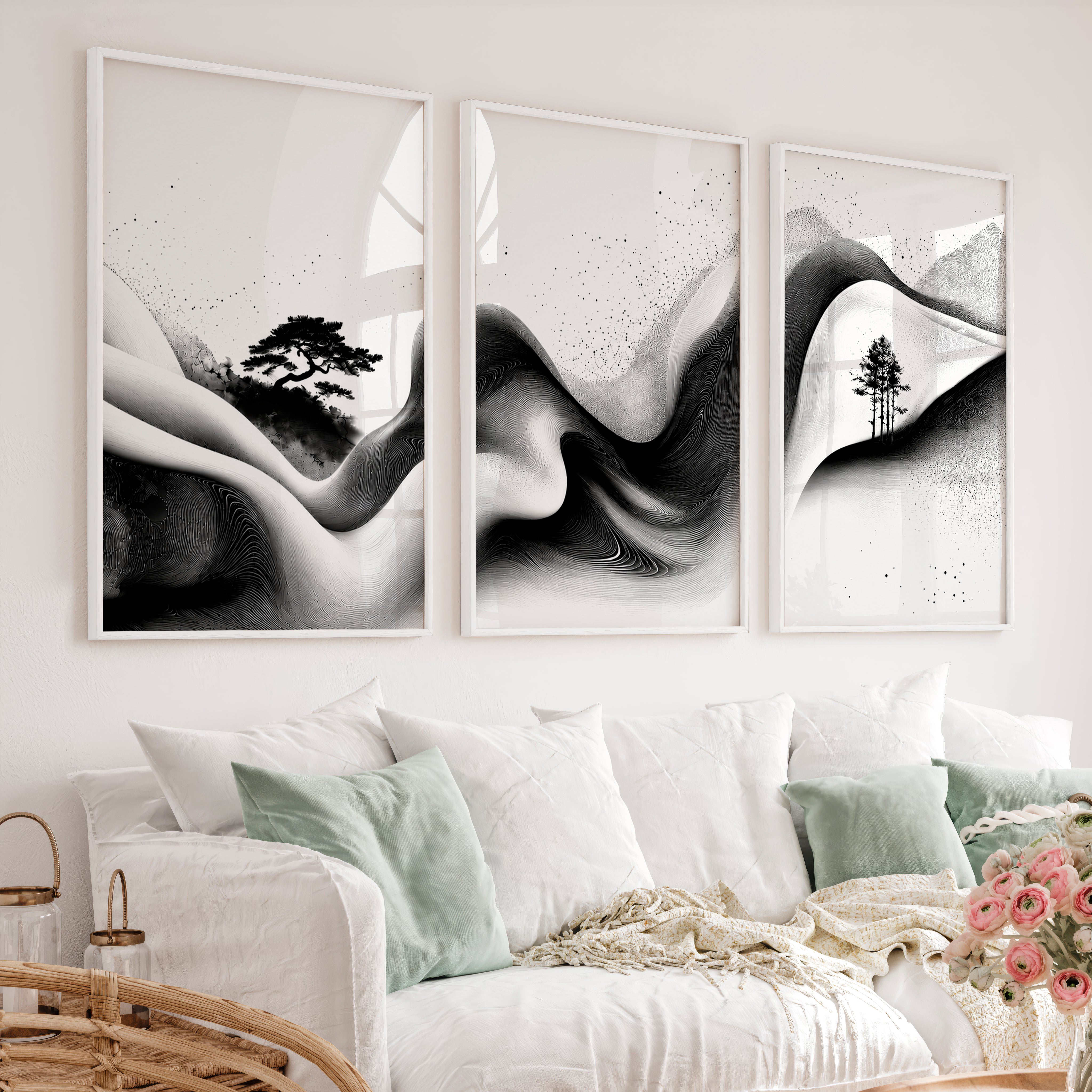 Japanese Wall Pictures Featuring Sunset Hills and Stylized Tree - White Framed Poster No Border - Artworksets