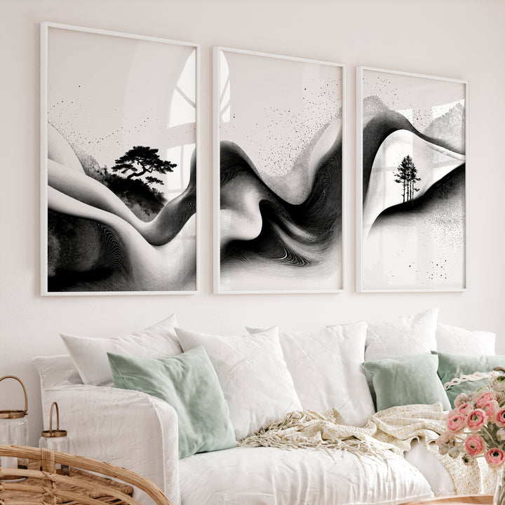 Japanese Wall Pictures Featuring Sunset Hills and Stylized Tree - White Framed Poster No Border - Artworksets