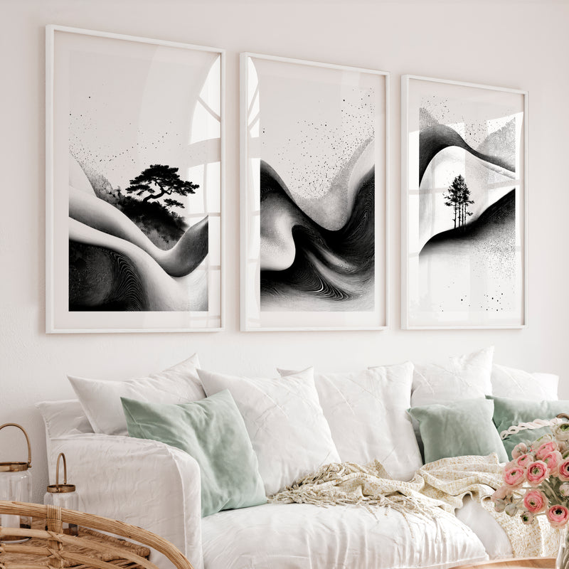 Japanese Wall Pictures Featuring Sunset Hills and Stylized Tree - White Framed Poster with White Border - Artworksets