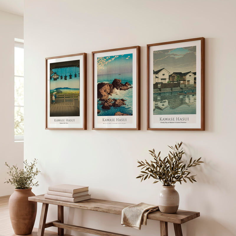Coastal Hasui japanese wall posters Set - Dark Brown Framed Poster with White Border - Artworksets