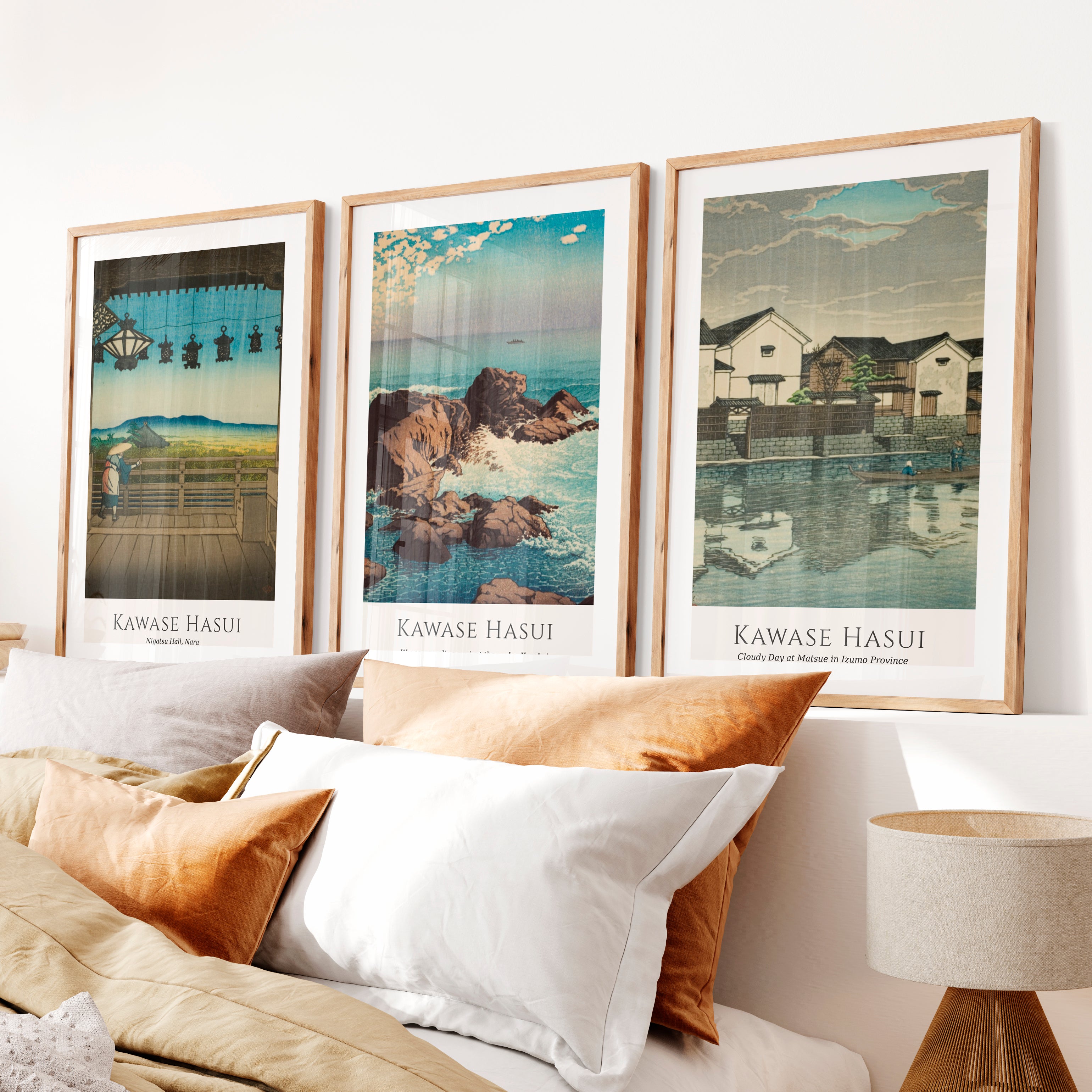 Coastal Hasui japanese wall posters Set- Natural Wood Framed Poster with White Border - Artworksets