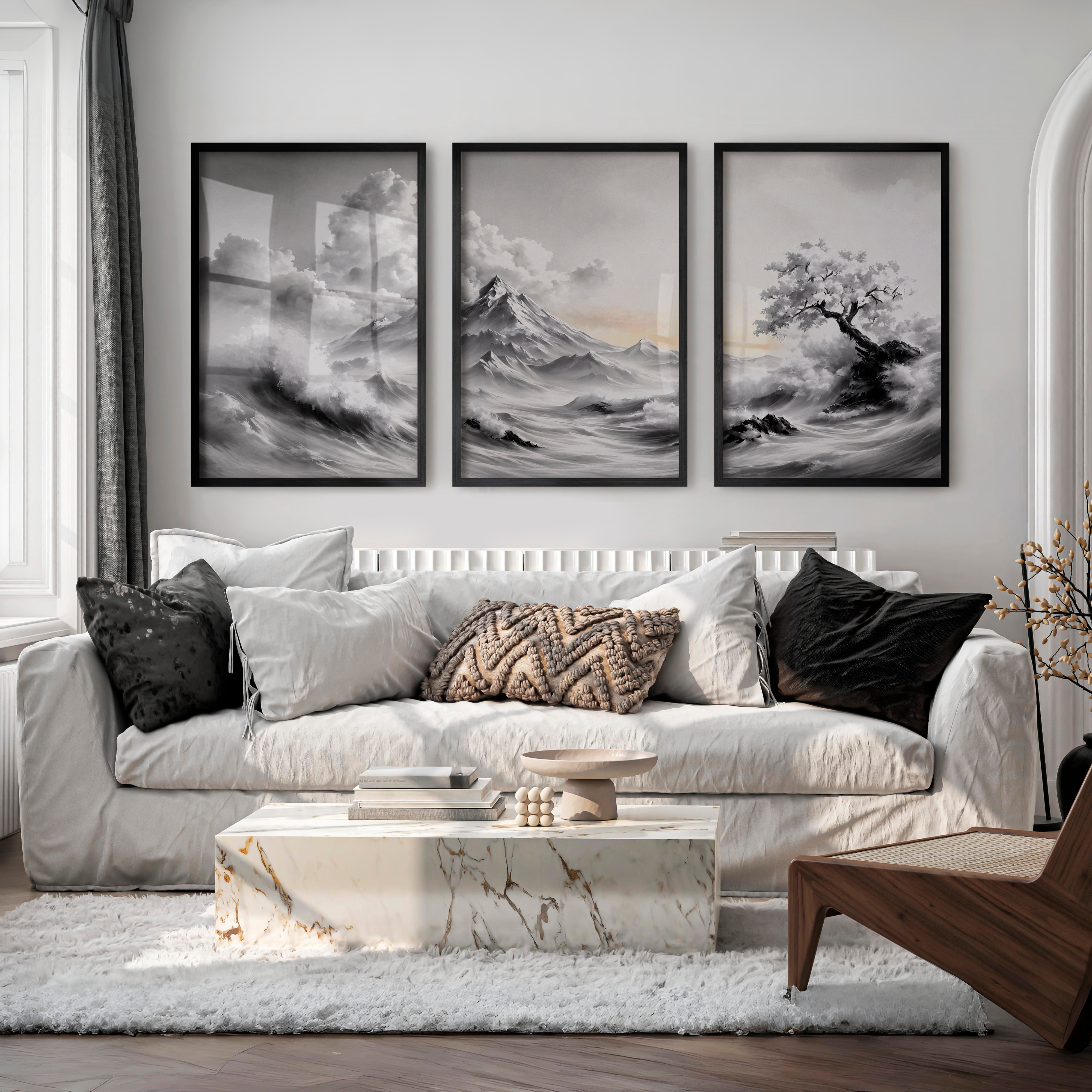 Japanese Wall Posters Featuring Textured Circles and Botanical Lines - Black Framed Poster No Border - Artworksets